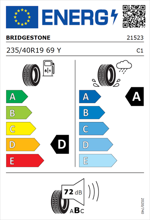 Tyre Label for Bridgestone Potenza Sport 235/40R19 69Y
