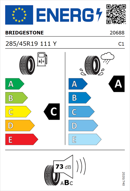 Tyre Label for Bridgestone Potenza Sport 285/45R19 111Y