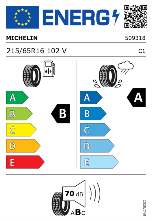 Tyre Label for Michelin Primacy 5 215/65R16 102V
