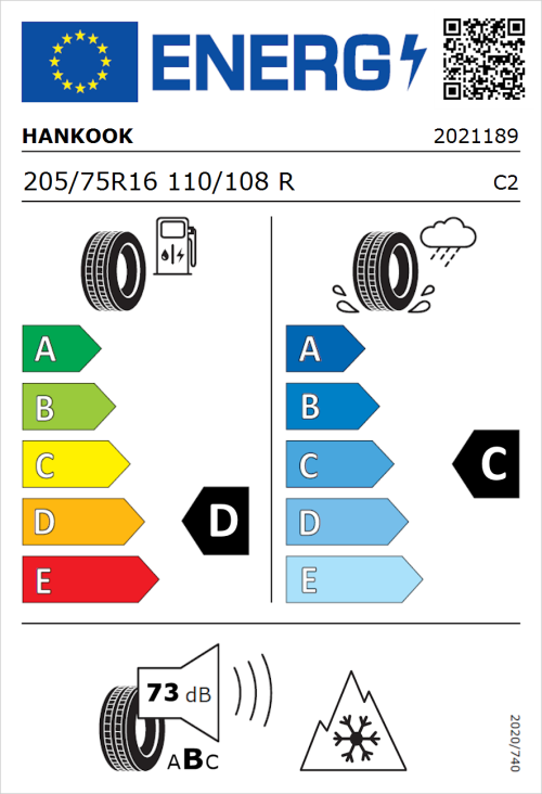 Tyre Label for Hankook Vantra ST AS2 RA30 205/75R16 110/108R
