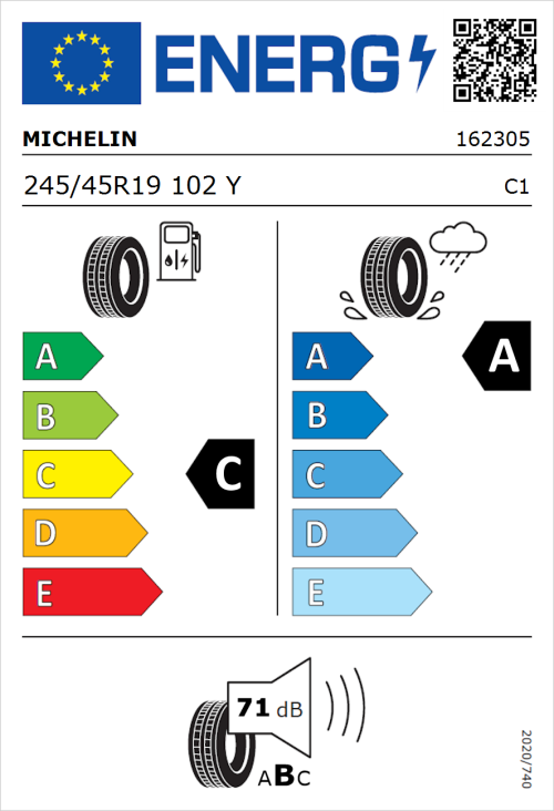 Tyre Label for Michelin Pilot Sport 3 245/45R19 102Y