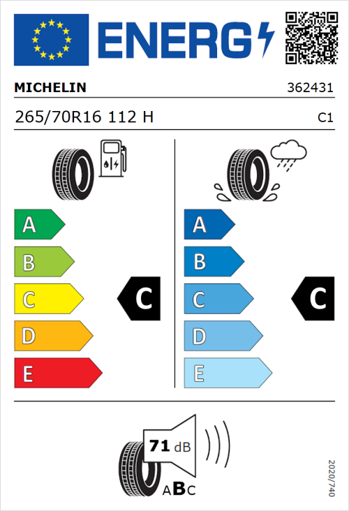 Tyre Label for Michelin Latitude Cross 265/70R16 112H