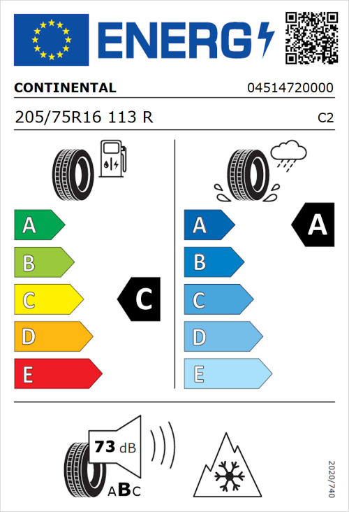 Tyre Label for Continental Vanco FourSeason 205/75R16 113R
